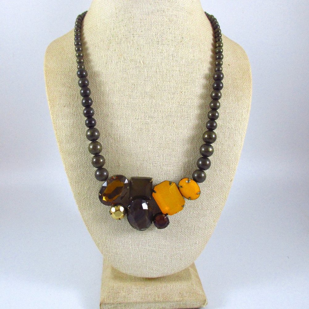 Vintage Signed (NR) Glass Gems Beaded Brass Statement Necklace - Picture 2 of 4